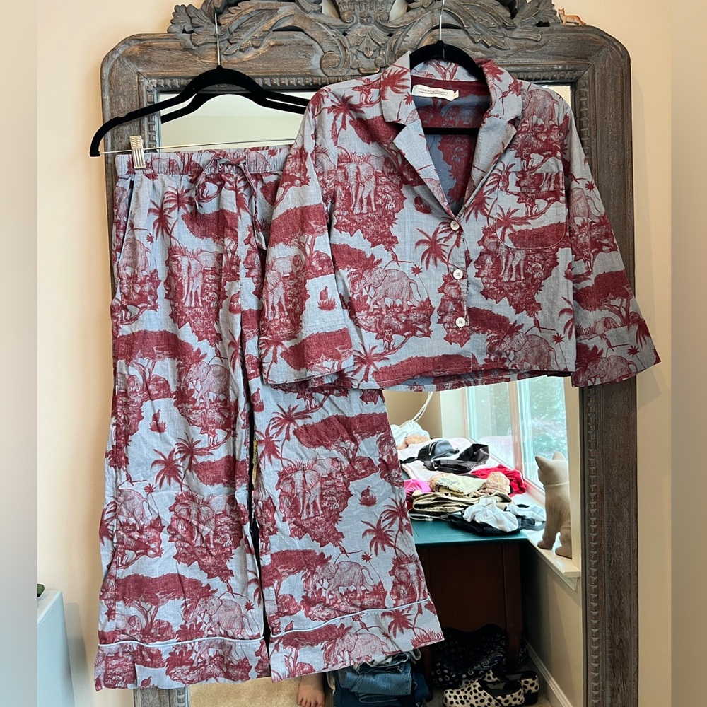 Women's Two-Piece Light Blue & Maroon Printed Pajama Set